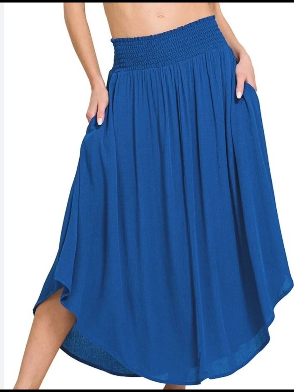 Zenana Outfitters Royal Blue High-Low Smocked Waist Skirt